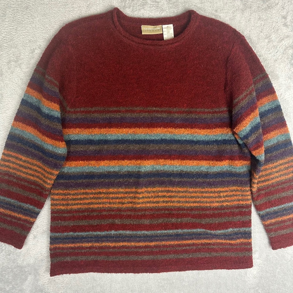 VTG Red Stripe Boucle Knit Wool Blend Roll Neck Sweater Medium Y2K 90s Grunge
